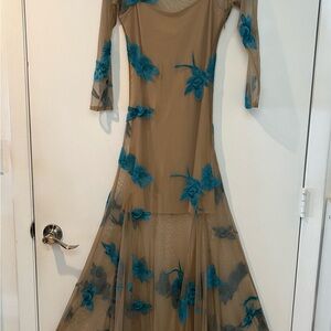 Elegant Tan and Blue Floral Dress